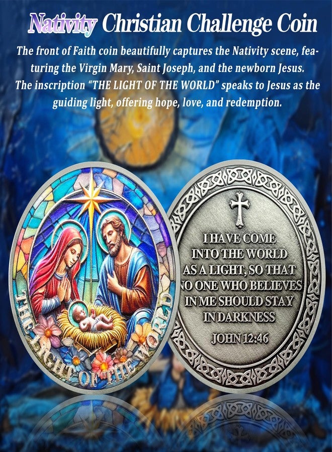 IELCJJ Colorful Nativity Christian Challenge Coin - John 12:46 Jesus Religious Token - Art God Pocket Bible Verses Coins for Study - Good Luck Commemorative Gifts for Men Women Kids Coworker - Image 2